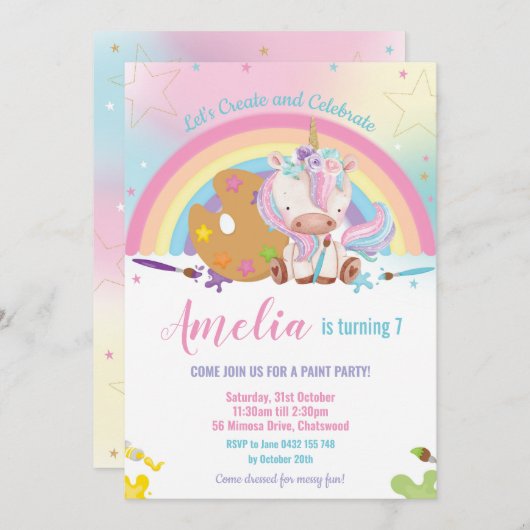 Niedliches Einhorn Rainbow Art Paint Birthday Part Einladung (Vorne/Hinten)