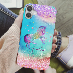 Niedliches Einhorn-Rosa Glitzer Regenbogenaqua Mon iPhone 16 Hülle
