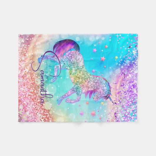 Niedliches Einhorn-Rosa Glitzer Regenbogenaqua Mon Fleecedecke (Vorderseite (Horizontal))