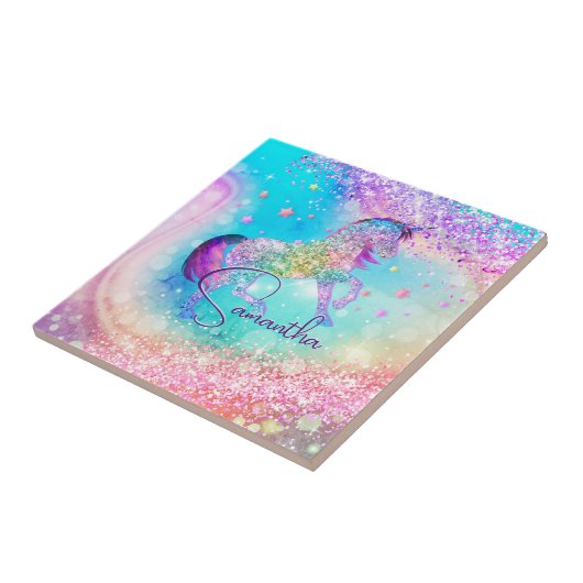 Niedliches Einhorn-Rosa Glitzer Regenbogenaqua Mon Fliese (Seite)