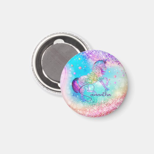Niedliches Einhorn-Rosa Glitzer Regenbogenaqua Mon Magnet (Vorderseite/Rückseite)