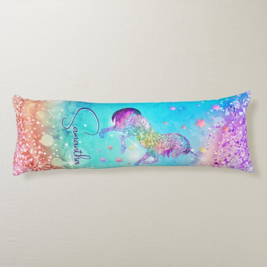 Niedliches Einhorn-Rosa Glitzer Regenbogenaqua Mon Seitenschläferkissen (Rückseite)