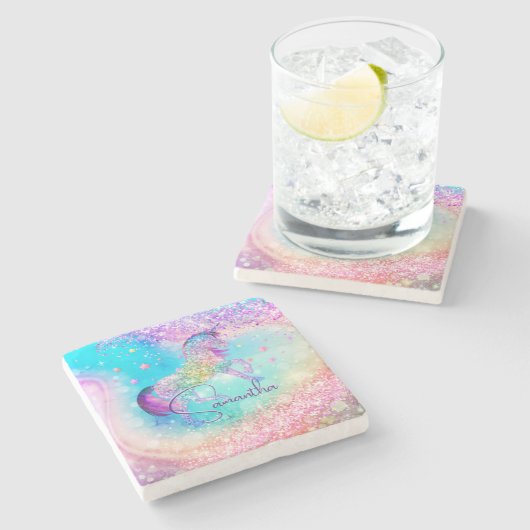 Niedliches Einhorn-Rosa Glitzer Regenbogenaqua Mon Steinuntersetzer (Seitenansicht)