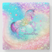 Niedliches Einhorn-Rosa Glitzer Regenbogenaqua Mon Steinuntersetzer (Vorderseite)