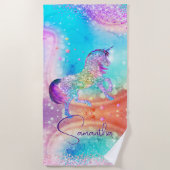 Niedliches Einhorn-Rosa Glitzer Regenbogenaqua Mon Strandtuch (Vorderseite)