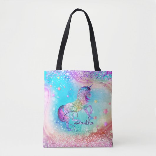Niedliches Einhorn-Rosa Glitzer Regenbogenaqua Mon Tasche (Vorderseite)