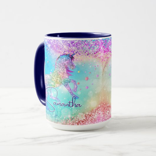 Niedliches Einhorn-Rosa Glitzer Regenbogenaqua Mon Tasse (Vorderseite Links)