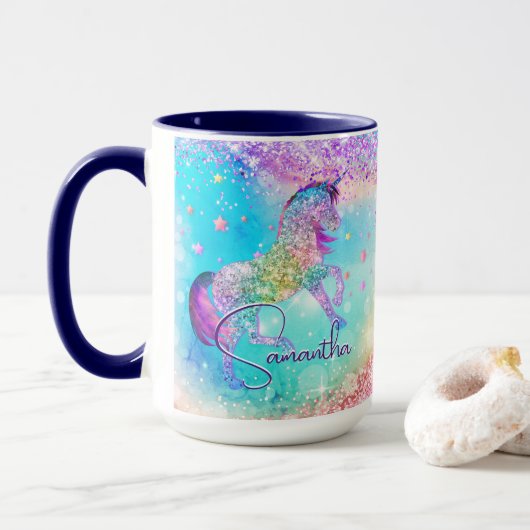 Niedliches Einhorn-Rosa Glitzer Regenbogenaqua Mon Tasse (Mit Donut)