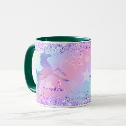 Niedliches Einhorn-Rosa Glitzer Regenbogenart Mono Tasse (Vorderseite Links)