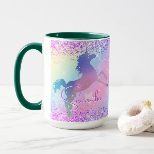 Niedliches Einhorn-Rosa Glitzer Regenbogenart Mono Tasse (Mit Donut)