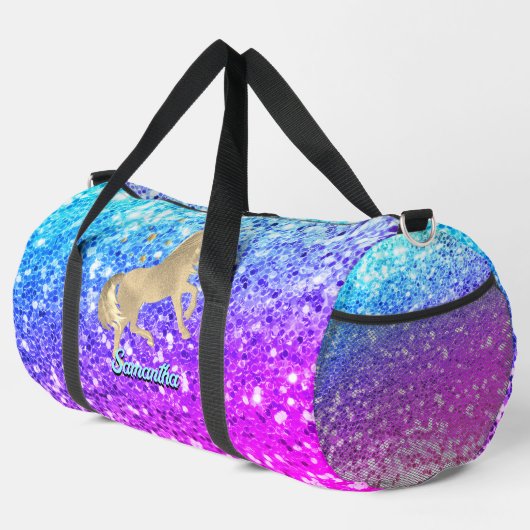 Niedliches Einhorn-Rosa Glitzer Regenbogengold Mon Duffle Bag (Rechte Ecke)