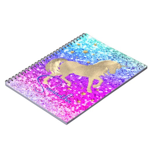 Niedliches Einhorn-Rosa Glitzer Regenbogengold Mon Notizblock (Linke Seite)