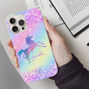 Niedliches Einhorn-Rosa Glitzer Regenbogenmonogram iPhone 16 Pro Hülle