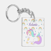 Niedliches Einhorn und Regenbogen Personalisiert Schlüsselanhänger (Vorderseite links)