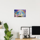 Niedliches Einhorn vor einem Regenbogen stehend Poster (Heimbüro)