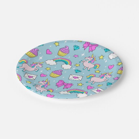 Niedliches Einhornmuster Pappteller (Schrägansicht)