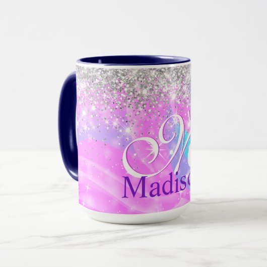Niedliches Einhornsilber-Glitzer-Monogramm Tasse (Vorderseite Links)