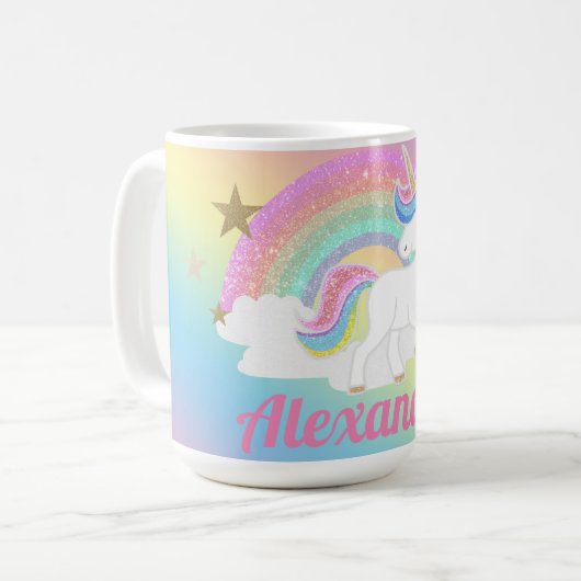 Niedliches Einicorn mit Glitzer Rainbow und Indivi Kaffeetasse (Vorderseite Links)