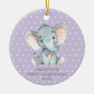 Niedliches Elefant Baby Girl Erste Weihnacht Lila Keramik Ornament
