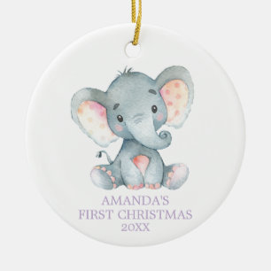 Niedliches Elefant Baby Girl Erste Weihnacht Lila Keramik Ornament