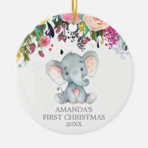 Niedliches Elefant Baby Girl Erster Weihnachtsrosa Keramik Ornament