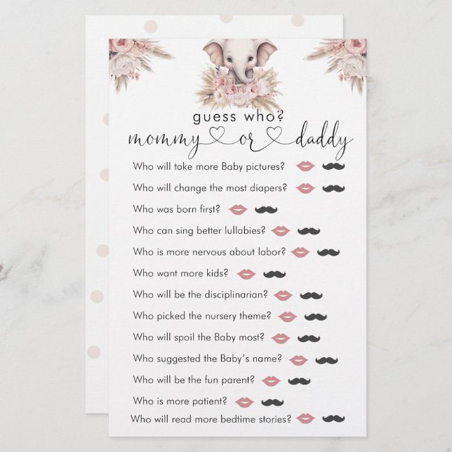 Niedliches Elefant Pink Boho Girl "Guess Who" Spie (Vorne/Hinten)