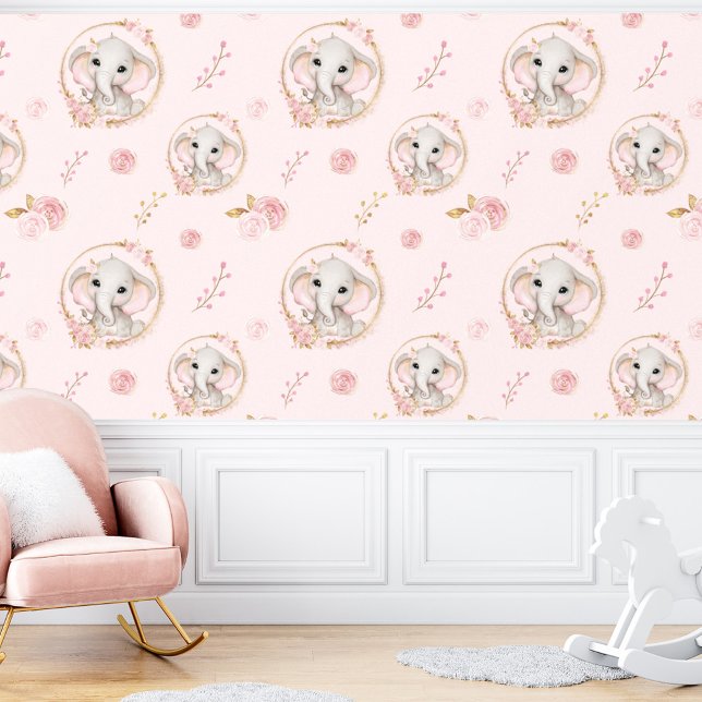 Niedliches Elefant Roses Floral Girl Tapete (Cute Elephant Pink Roses Floral Girl Wallpaper)