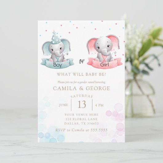 niedliches Elefantengeschlecht zeigt Babydusche Einladung (Stehend Vorderseite)