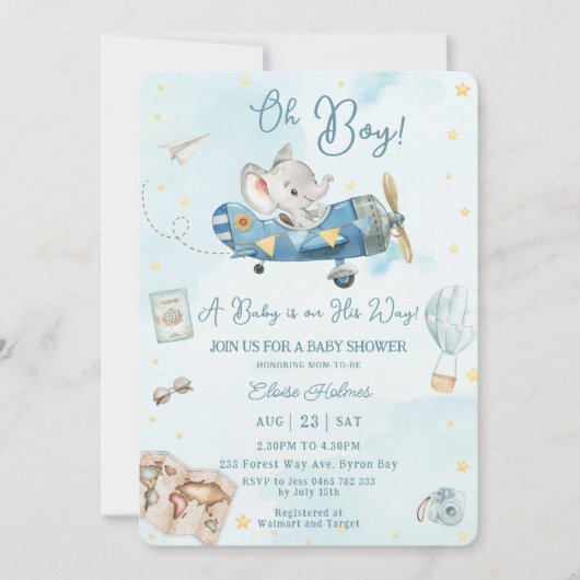 Niedliches Elephant Flugzeug Adventure Oh Boy Baby Einladung (Vorderseite)