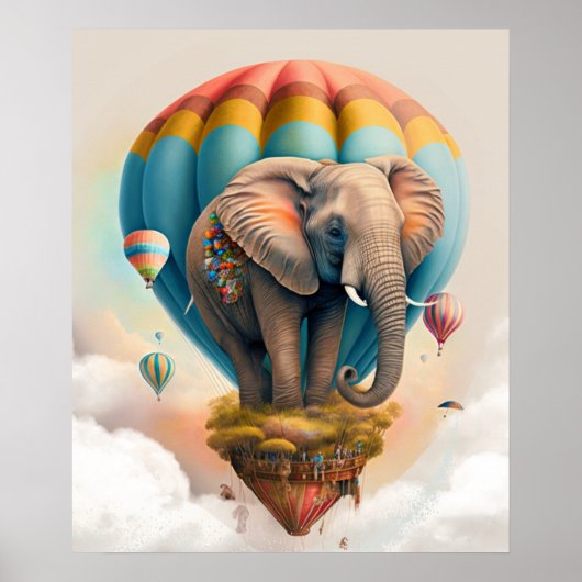 Niedliches Elephant Hot Air Ballon Whimsical Tier Poster (Vorne)