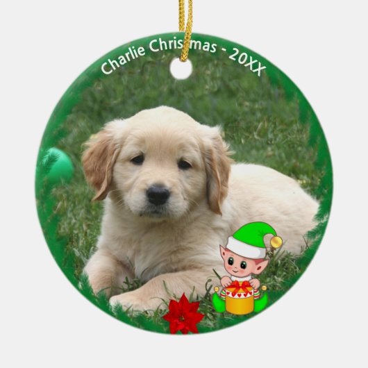 Niedliches Elf & Golden Retriever Puppy-Foto Keramik Ornament (Vorne)