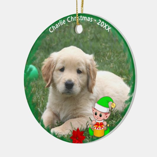 Niedliches Elf & Golden Retriever Puppy-Foto Keramik Ornament (Links)