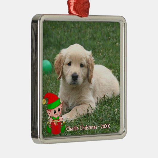 Niedliches Elf & Golden Retriever Puppy-Foto Ornament Aus Metall (Rechts)