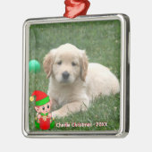 Niedliches Elf & Golden Retriever Puppy-Foto Ornament Aus Metall (Links)