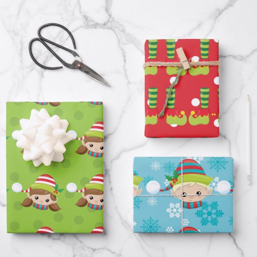 Niedliches Elfenbein Weihnachtsmuster  Geschenkpapier Set (Vorderseite)