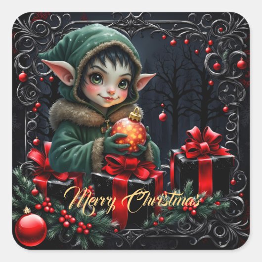 Niedliches Elfskind in grüner Hülle Quadratischer Aufkleber (Vorderseite)