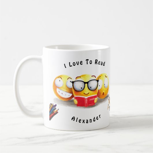 Niedliches Emoji lächelndes Liebe-Lesebuch Kaffeetasse (Links)