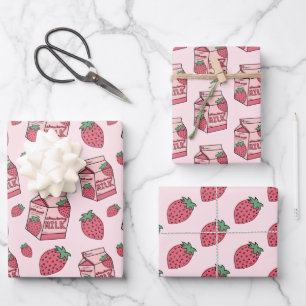 Niedliches Erdbeermilch rosa Muster Geschenkpapier Set