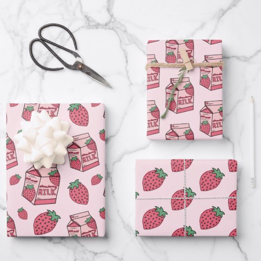 Niedliches Erdbeermilch rosa Muster Geschenkpapier Set (Vorderseite)