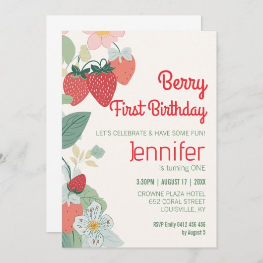 Niedliches Erdbeerthema Custom Berry Erster Geburt Einladung (Vorne/Hinten)