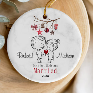 Niedliches erstes verheiratetes Weihnachtskarikatu Keramik Ornament