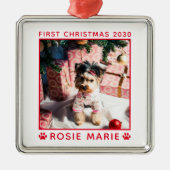 Niedliches erstes Weihnachtshündchen Foto Jahr Cus Ornament Aus Metall (Vorne)
