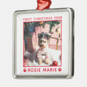 Niedliches erstes Weihnachtshündchen Foto Jahr Cus Ornament Aus Metall (Links)