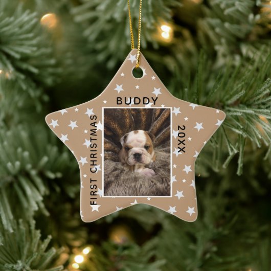 Niedliches erstes Weihnachtsjunges Welpenhund Foto Keramik Ornament (Baum)