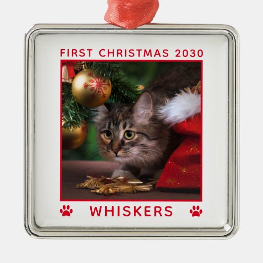 Niedliches erstes Weihnachtskatzennachtsjahr Foto  Ornament Aus Metall (Vorne)