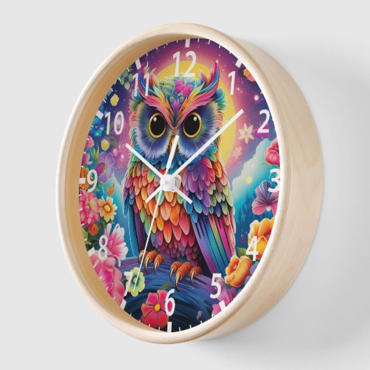 Niedliches Eule farbenfroher blühender Mond Kinder Uhr (Winkel)