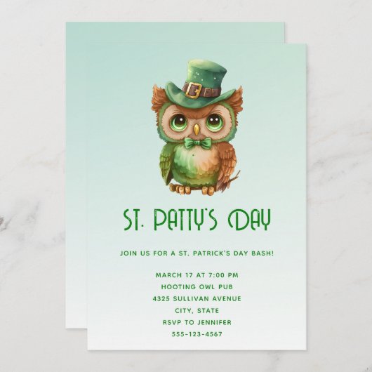 Niedliches Eule in einem Grünen Top Hat St. Patty' Einladung (Vorne/Hinten)