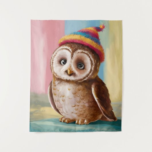 Niedliches Eule in farbenfroher Beanie Wandteppich (Vorderseite)