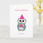 Niedliches Eule mit Blume und Wünschen zum Geburts Karte (Gelbe Blume)