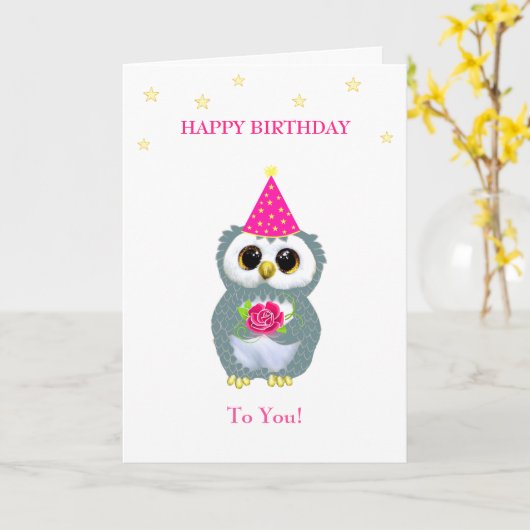 Niedliches Eule mit Blume und Wünschen zum Geburts Karte (Gelbe Blume)